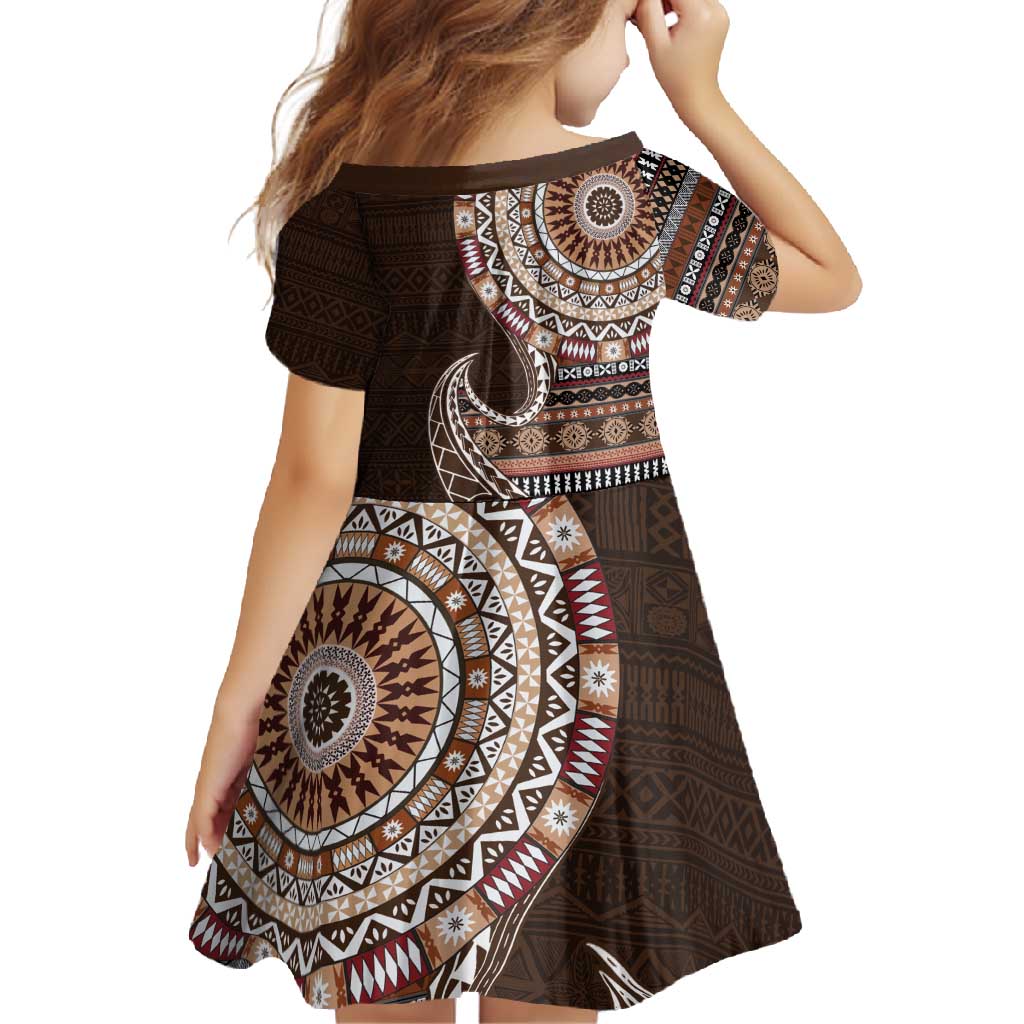 Fijian Masi Tribal Tattoos Art Pattern Family Matching Long Sleeve Bodycon Dress and Hawaiian Shirt Brown Color Half Style - Polynesian Pride