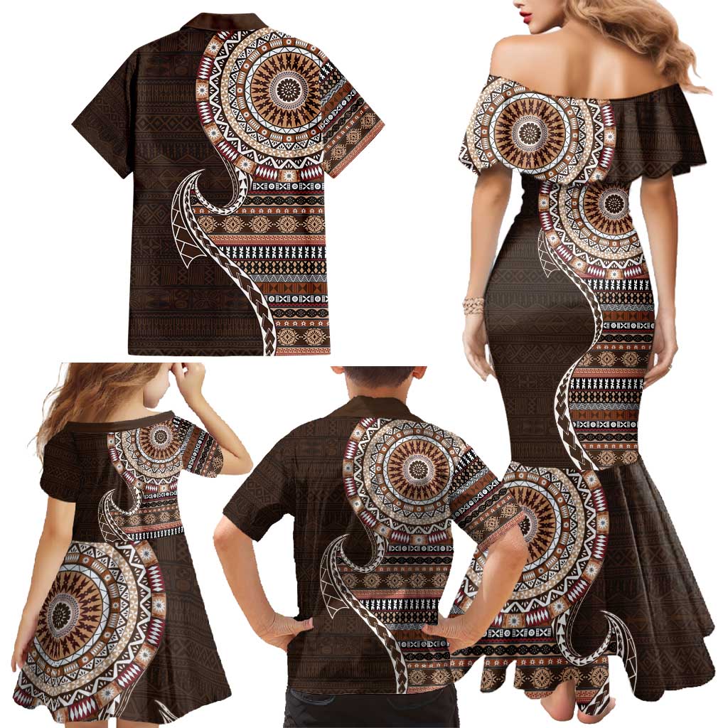 Fijian Masi Tribal Tattoos Art Pattern Family Matching Mermaid Dress and Hawaiian Shirt Brown Color Half Style - Polynesian Pride