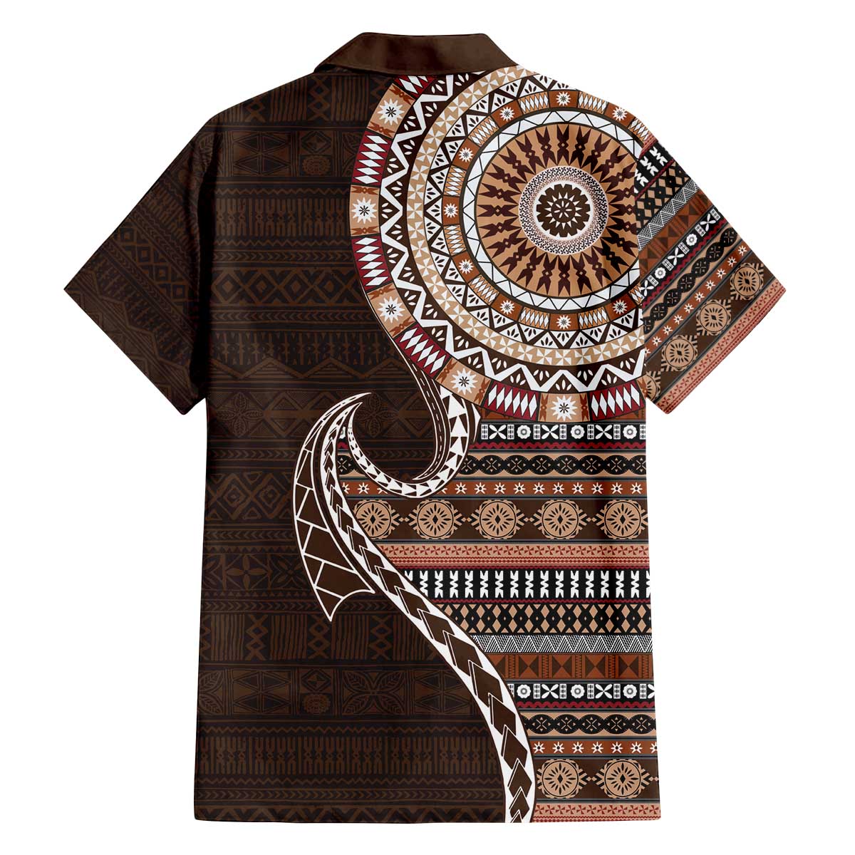 Fijian Masi Tribal Tattoos Art Pattern Family Matching Off The Shoulder Long Sleeve Dress and Hawaiian Shirt Brown Color Half Style - Polynesian Pride
