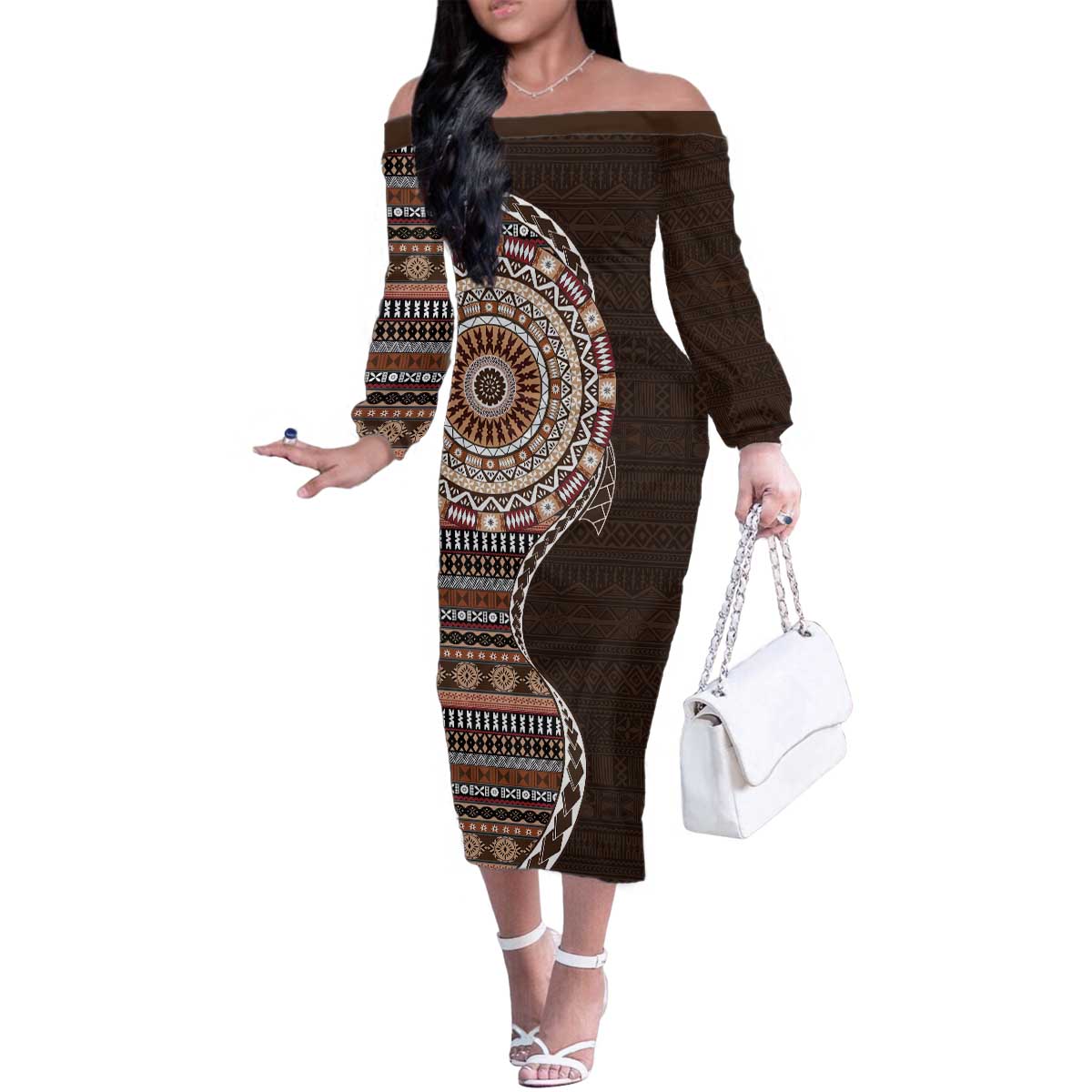 Fijian Masi Tribal Tattoos Art Pattern Family Matching Off The Shoulder Long Sleeve Dress and Hawaiian Shirt Brown Color Half Style - Polynesian Pride