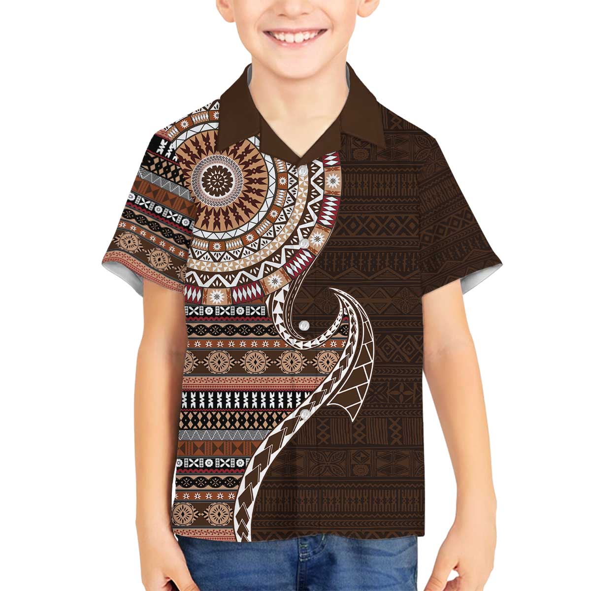 Fijian Masi Tribal Tattoos Art Pattern Family Matching Off The Shoulder Long Sleeve Dress and Hawaiian Shirt Brown Color Half Style - Polynesian Pride
