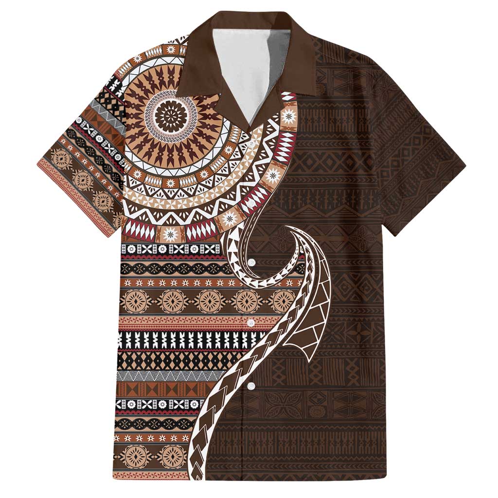 Fijian Masi Tribal Tattoos Art Pattern Family Matching Off Shoulder Maxi Dress and Hawaiian Shirt Brown Color Half Style - Polynesian Pride
