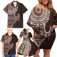 Fijian Masi Tribal Tattoos Art Pattern Family Matching Off Shoulder Short Dress and Hawaiian Shirt Brown Color Half Style - Polynesian Pride