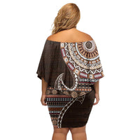 Fijian Masi Tribal Tattoos Art Pattern Family Matching Off Shoulder Short Dress and Hawaiian Shirt Brown Color Half Style - Polynesian Pride