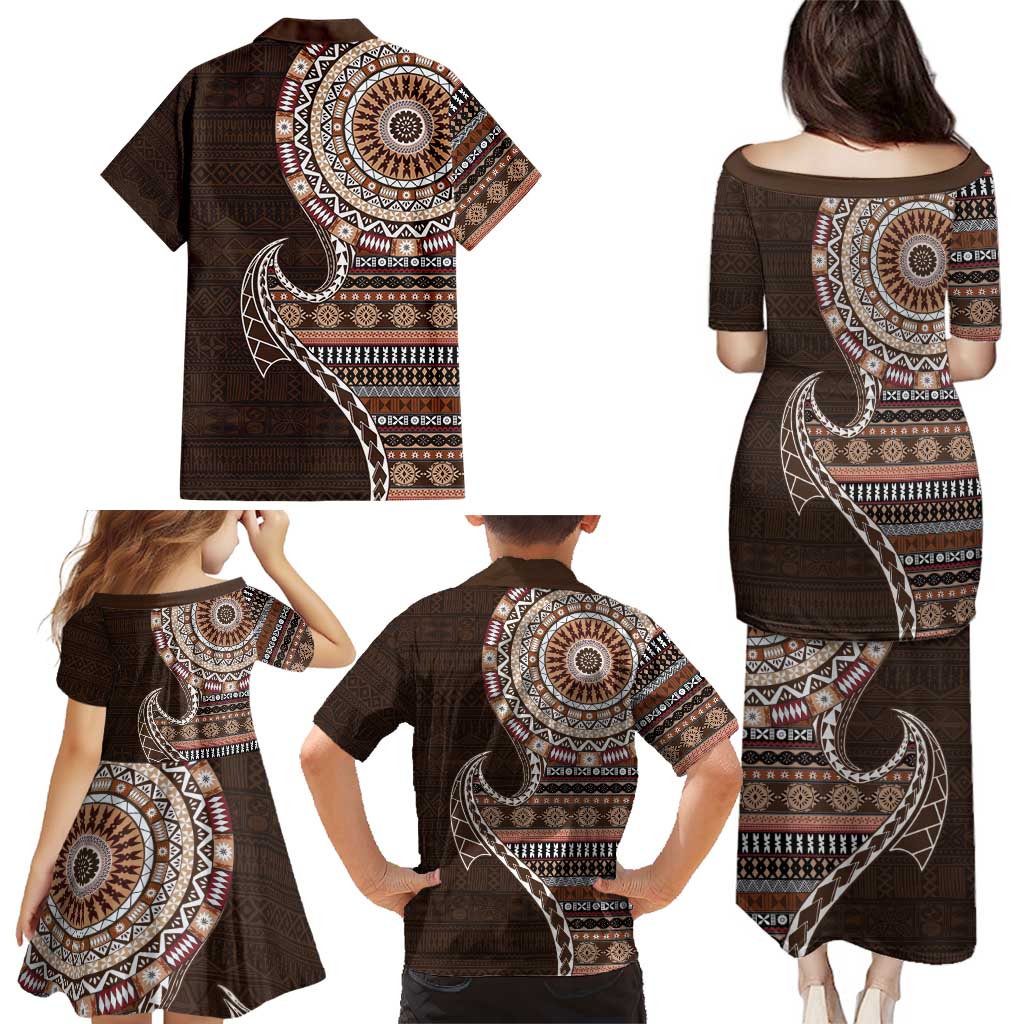 Fijian Masi Tribal Tattoos Art Pattern Family Matching Puletasi and Hawaiian Shirt Brown Color Half Style - Polynesian Pride