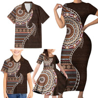Fijian Masi Tribal Tattoos Art Pattern Family Matching Short Sleeve Bodycon Dress and Hawaiian Shirt Brown Color Half Style - Polynesian Pride