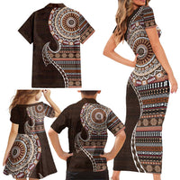 Fijian Masi Tribal Tattoos Art Pattern Family Matching Short Sleeve Bodycon Dress and Hawaiian Shirt Brown Color Half Style - Polynesian Pride