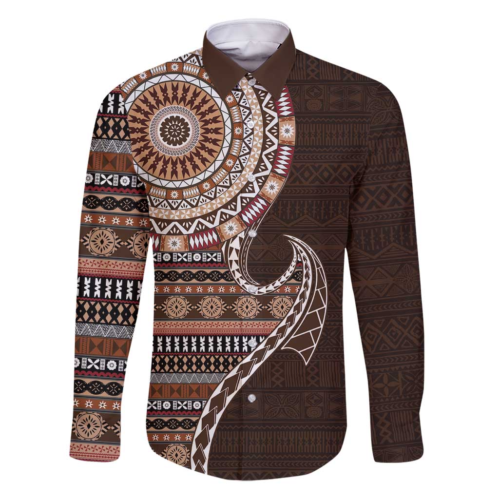 Fijian Masi Tribal Tattoos Art Pattern Family Matching Tank Maxi Dress and Hawaiian Shirt Brown Color Half Style - Polynesian Pride
