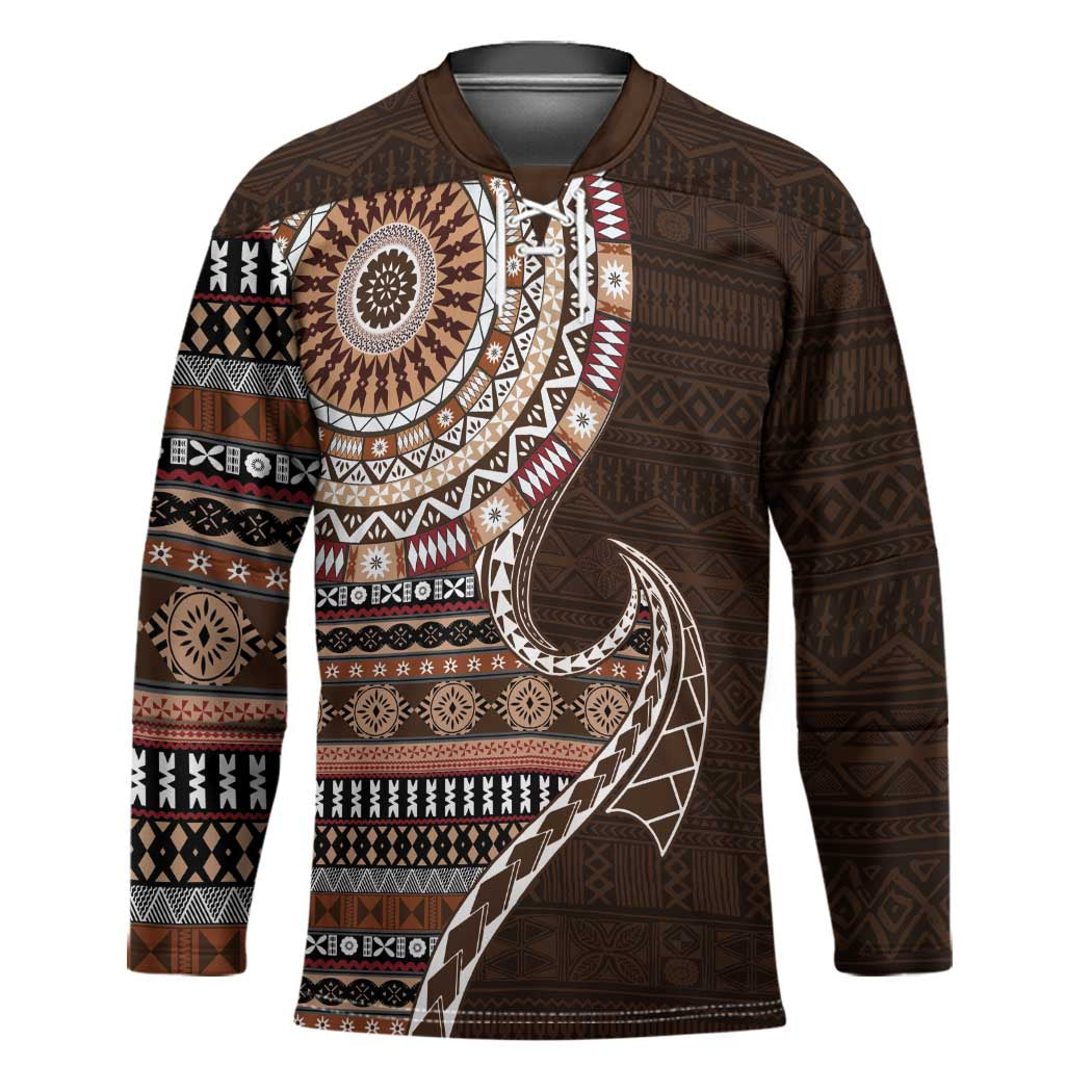 Fijian Masi Tribal Tattoos Art Pattern Hockey Jersey Brown Color Half Style - Polynesian Pride