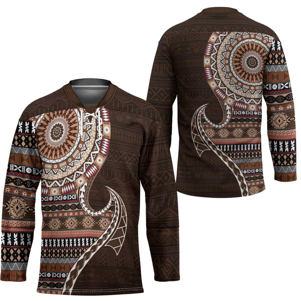 Fijian Masi Tribal Tattoos Art Pattern Hockey Jersey Brown Color Half Style - Polynesian Pride