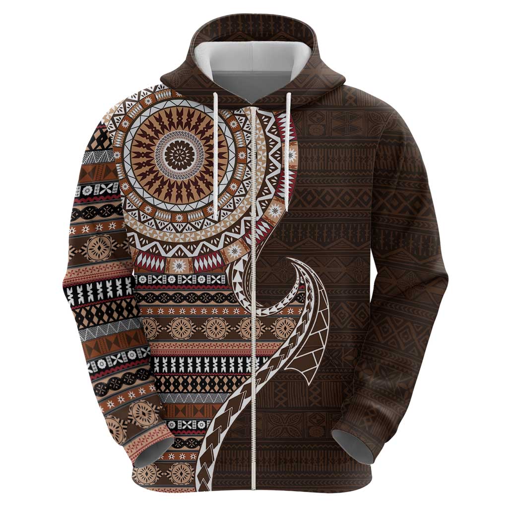 Fijian Masi Tribal Tattoos Art Pattern Hoodie Brown Color Half Style - Polynesian Pride