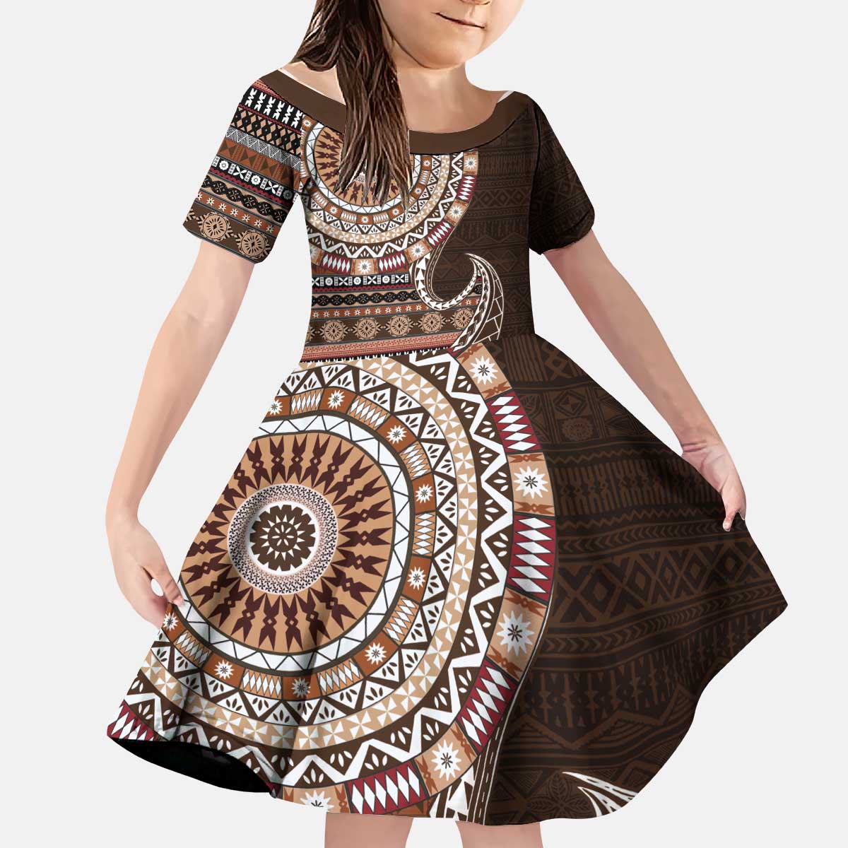 Fijian Masi Tribal Tattoos Art Pattern Kid Short Sleeve Dress Brown Color Half Style LT03 KID Brown - Polynesian Pride