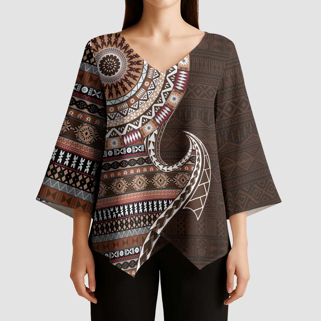 Fijian Masi Tribal Tattoos Art Pattern Kimono Sleeve Blouse Brown Color Half Style - Polynesian Pride