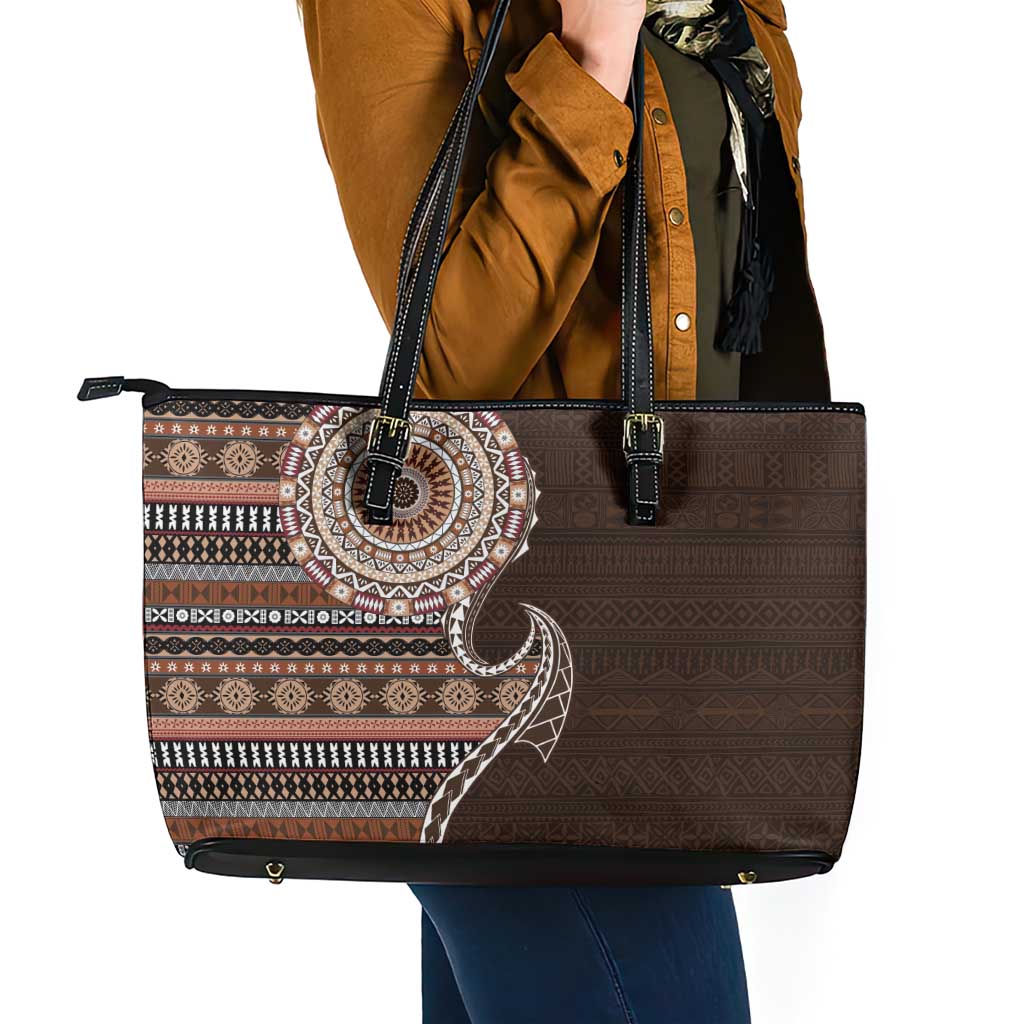 Fijian Masi Tribal Tattoos Art Pattern Leather Tote Bag Brown Color Half Style - Polynesian Pride