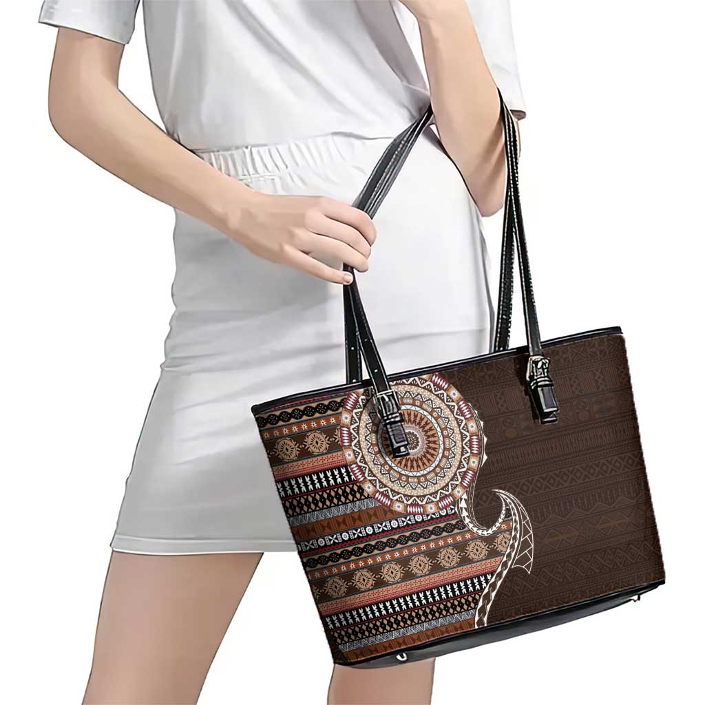 Fijian Masi Tribal Tattoos Art Pattern Leather Tote Bag Brown Color Half Style - Polynesian Pride