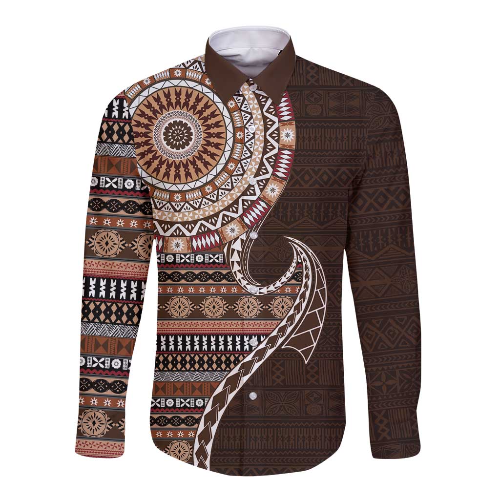 Fijian Masi Tribal Tattoos Art Pattern Long Sleeve Button Shirt Brown Color Half Style LT03 Unisex Brown - Polynesian Pride