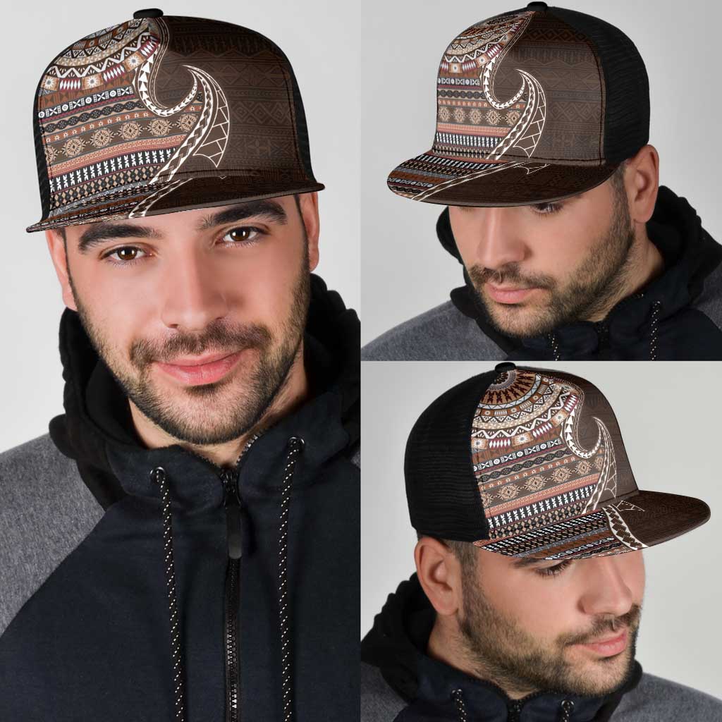 Fijian Masi Tribal Tattoos Art Pattern Mesh Trucker Cap Brown Color Half Style - Polynesian Pride