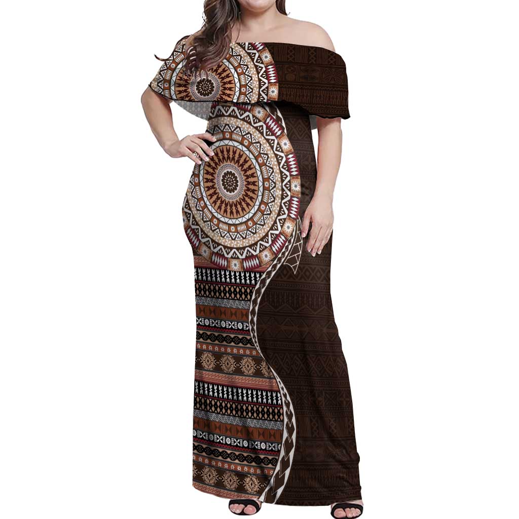 Fijian Masi Tribal Tattoos Art Pattern Off Shoulder Maxi Dress Brown Color Half Style - Polynesian Pride