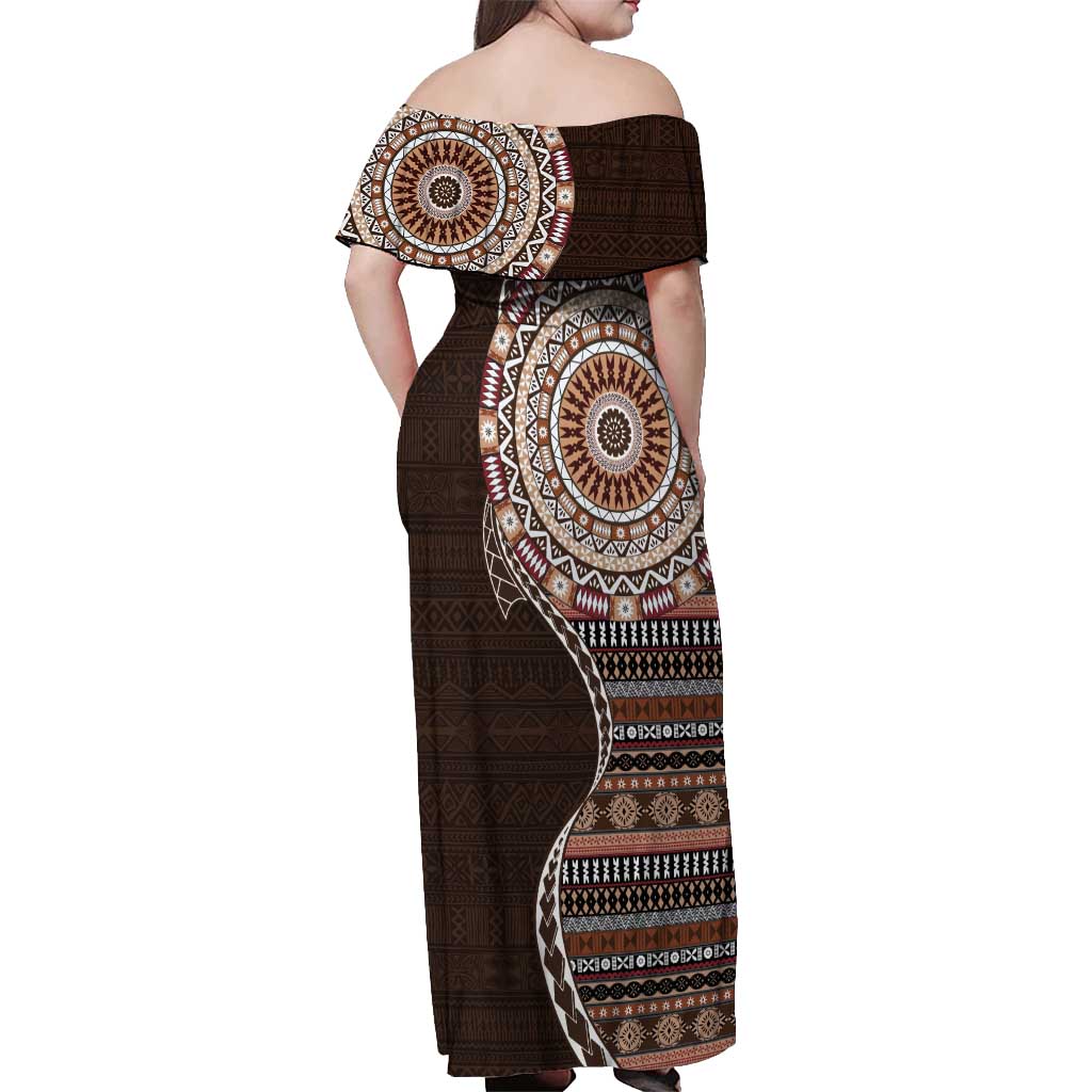 Fijian Masi Tribal Tattoos Art Pattern Off Shoulder Maxi Dress Brown Color Half Style - Polynesian Pride