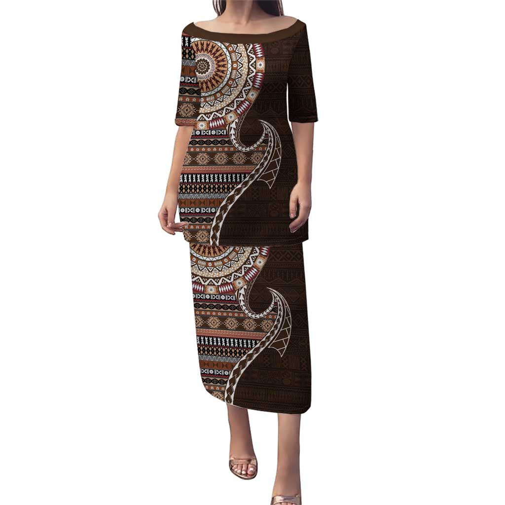 Fijian Masi Tribal Tattoos Art Pattern Puletasi Brown Color Half Style - Polynesian Pride