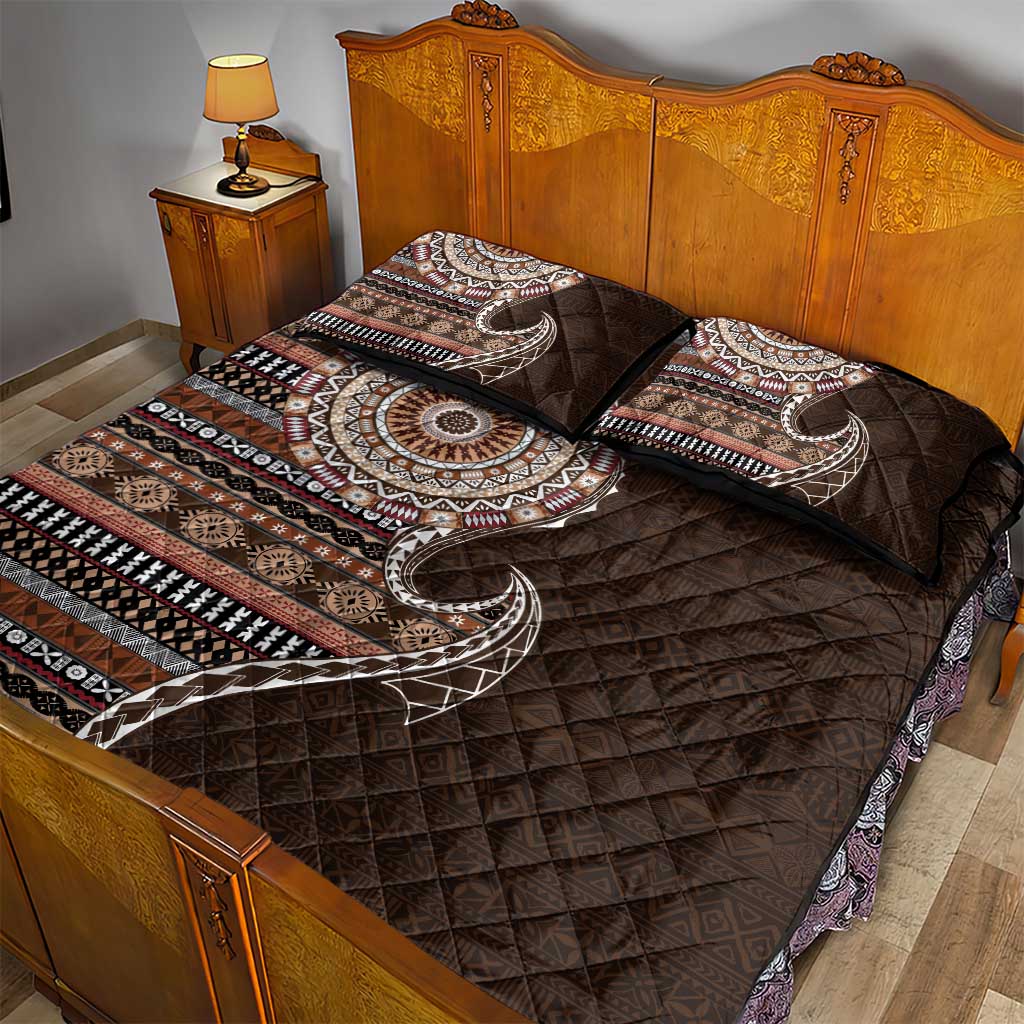 Fijian Masi Tribal Tattoos Art Pattern Quilt Bed Set Brown Color Half Style - Polynesian Pride