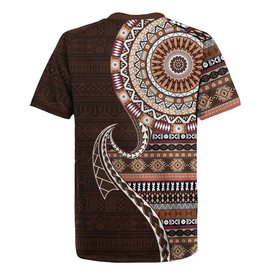 Fijian Masi Tribal Tattoos Art Pattern Rugby Jersey Brown Color Half Style - Polynesian Pride
