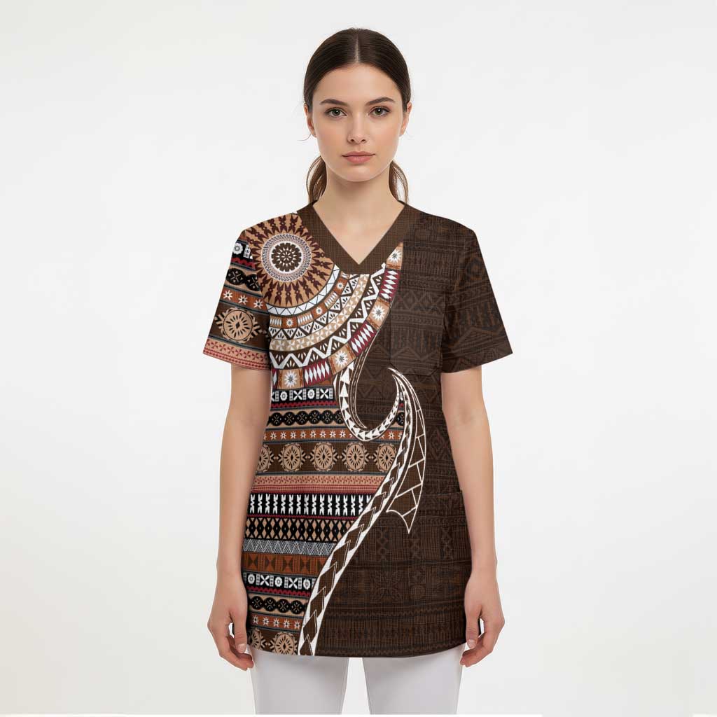 Fijian Masi Tribal Tattoos Art Pattern Scrub Top Brown Color Half Style - Polynesian Pride