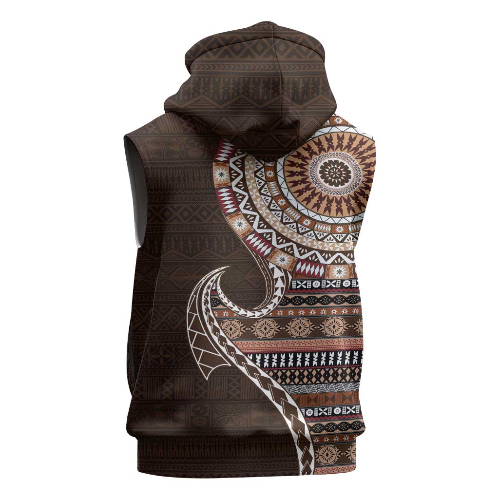 Fijian Masi Tribal Tattoos Art Pattern Sleeveless Hoodie Brown Color Half Style - Polynesian Pride