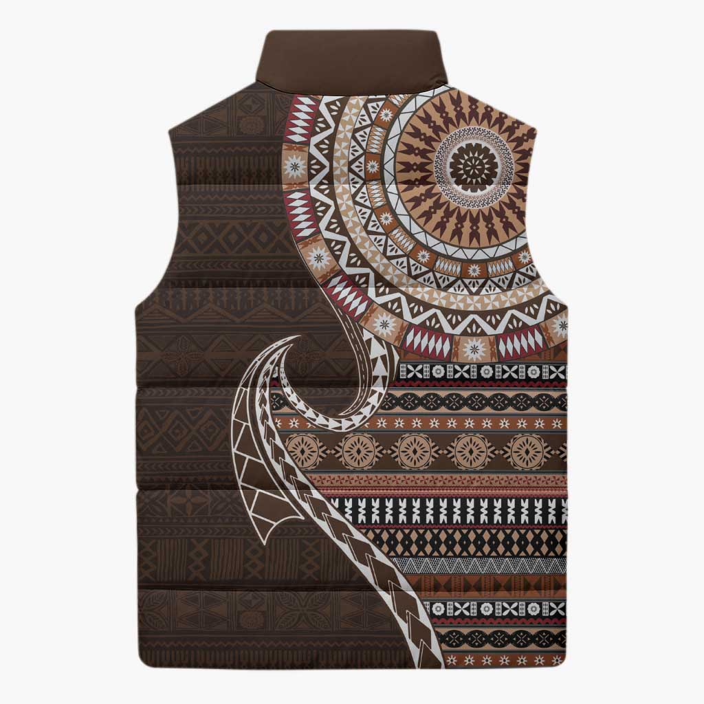Fijian Masi Tribal Tattoos Art Pattern Sleeveless Puffer Jacket Brown Color Half Style LT03 - Polynesian Pride