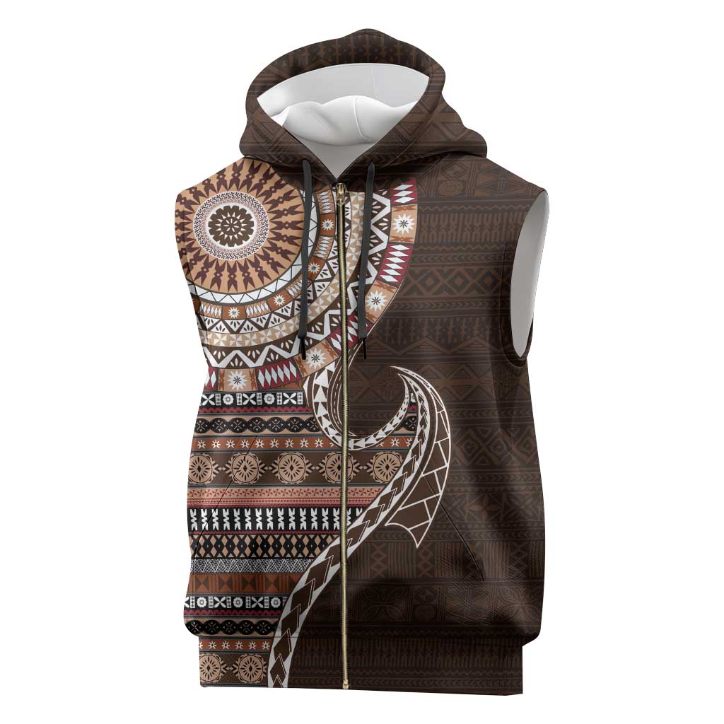 Fijian Masi Tribal Tattoos Art Pattern Sleeveless Zip Hoodie Brown Color Half Style - Polynesian Pride