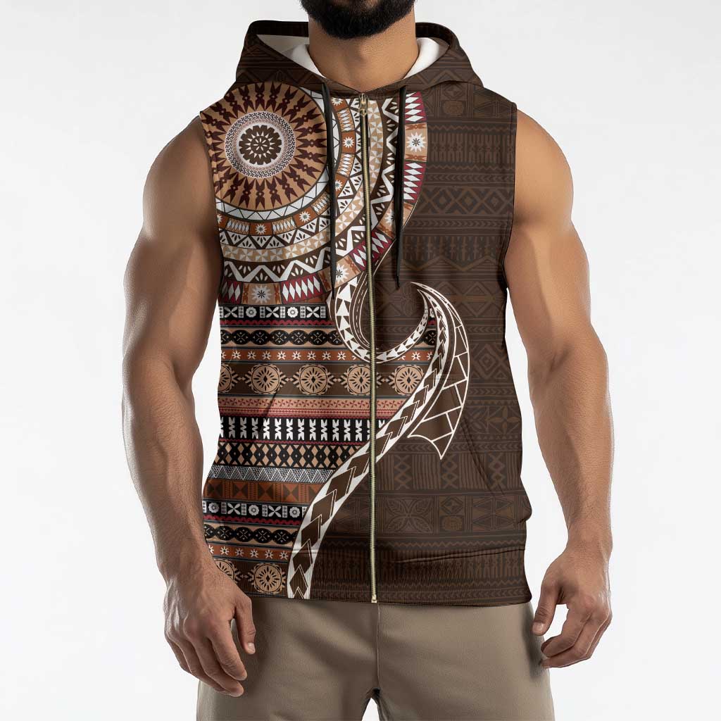 Fijian Masi Tribal Tattoos Art Pattern Sleeveless Zip Hoodie Brown Color Half Style - Polynesian Pride