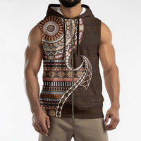 Fijian Masi Tribal Tattoos Art Pattern Sleeveless Zip Hoodie Brown Color Half Style - Polynesian Pride