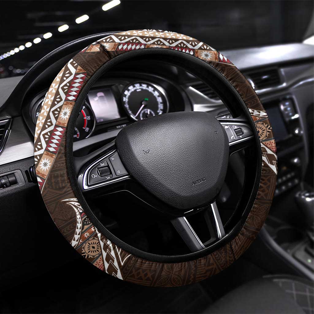 Fijian Masi Tribal Tattoos Art Pattern Steering Wheel Cover Brown Color Half Style - Polynesian Pride