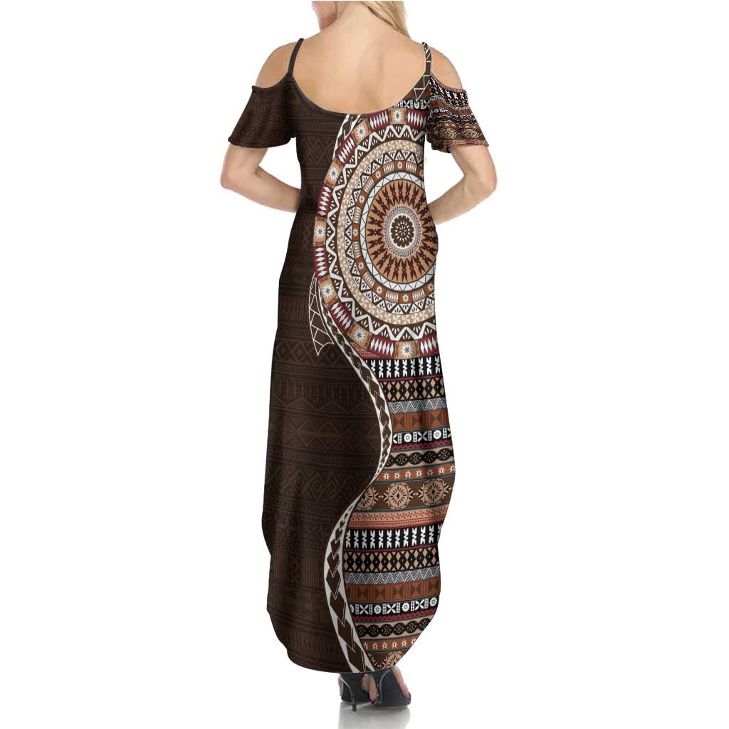 Fijian Masi Tribal Tattoos Art Pattern Summer Maxi Dress Brown Color Half Style - Polynesian Pride