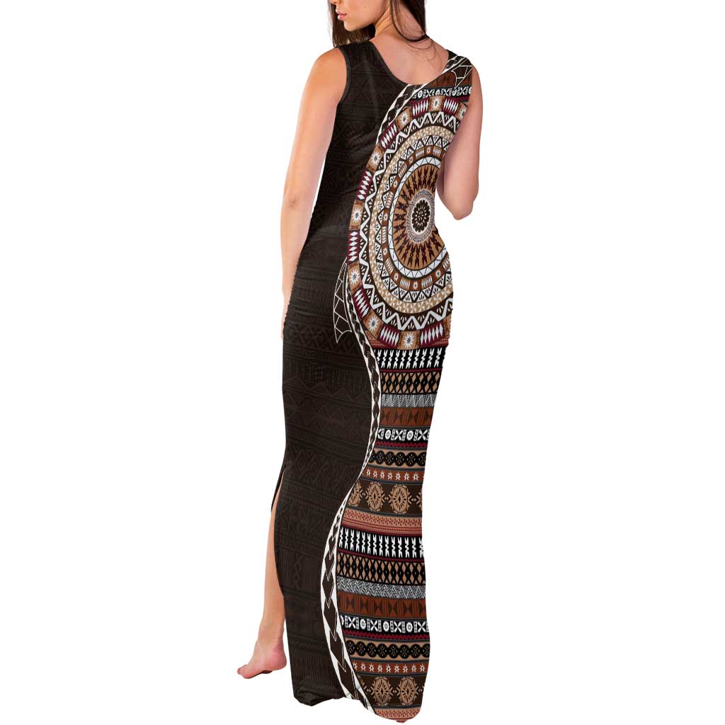Fijian Masi Tribal Tattoos Art Pattern Tank Maxi Dress Brown Color Half Style - Polynesian Pride
