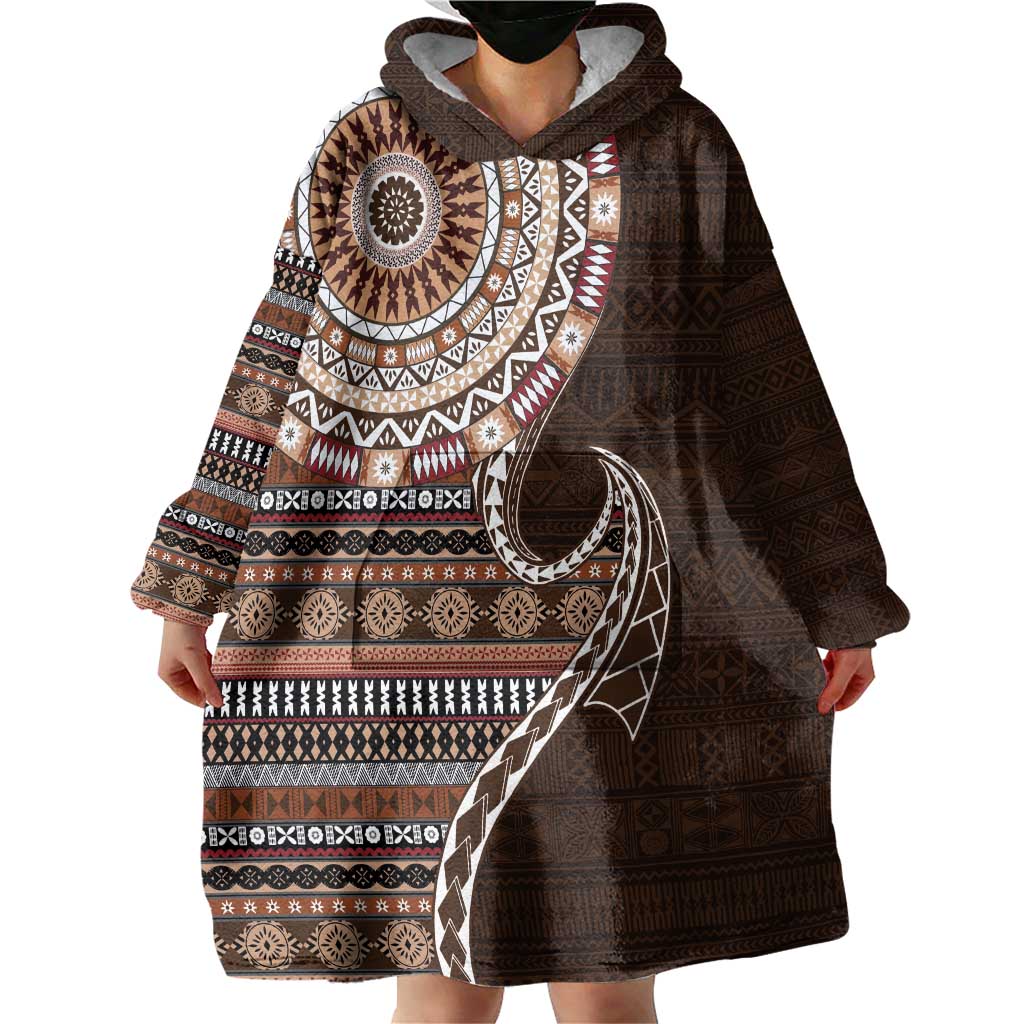 Fijian Masi Tribal Tattoos Art Pattern Wearable Blanket Hoodie Brown Color Half Style - Polynesian Pride