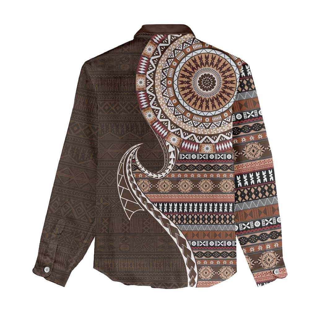 Fijian Masi Tribal Tattoos Art Pattern Women Casual Shirt Brown Color Half Style - Polynesian Pride