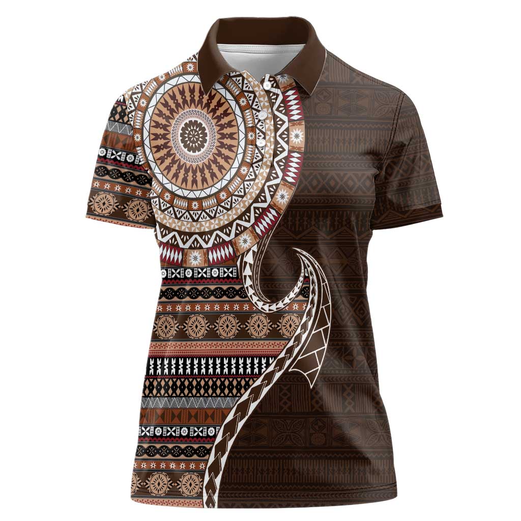 Fijian Masi Tribal Tattoos Art Pattern Women Polo Shirt Brown Color Half Style - Polynesian Pride