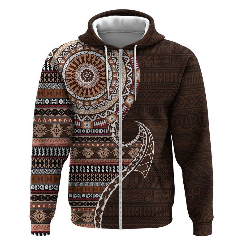 Fijian Masi Tribal Tattoos Art Pattern Zip Hoodie Brown Color Half Style - Polynesian Pride