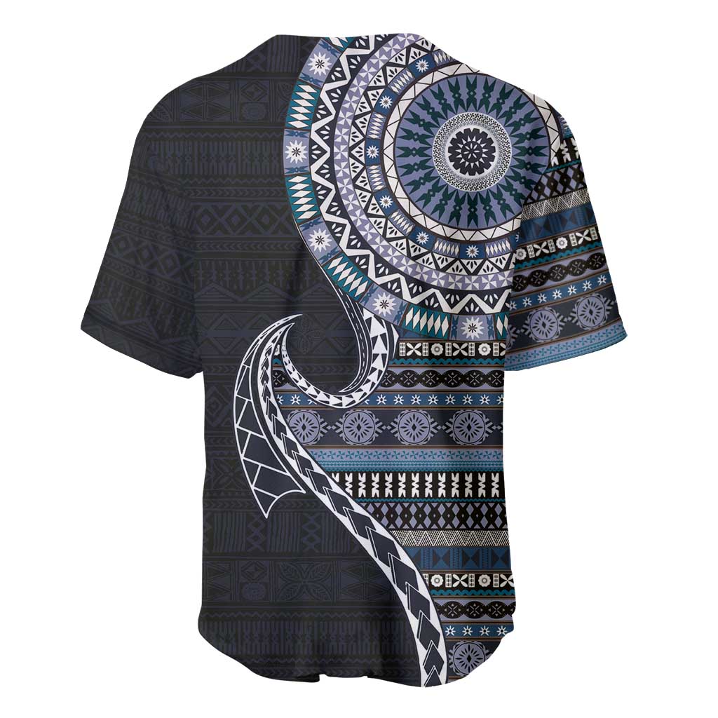 Fijian Masi Tribal Tattoos Art Pattern Baseball Jersey Navy Color Half Style - Polynesian Pride