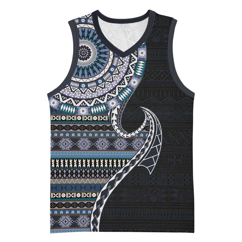 Fijian Masi Tribal Tattoos Art Pattern Basketball Jersey Navy Color Half Style LT03 Unisex Navy - Polynesian Pride