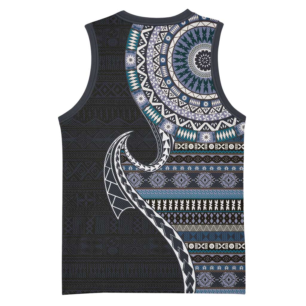 Fijian Masi Tribal Tattoos Art Pattern Basketball Jersey Navy Color Half Style LT03 - Polynesian Pride