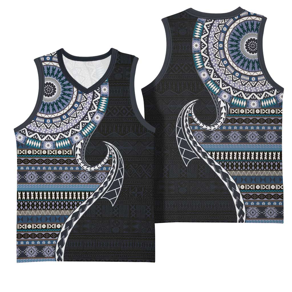 Fijian Masi Tribal Tattoos Art Pattern Basketball Jersey Navy Color Half Style LT03 - Polynesian Pride