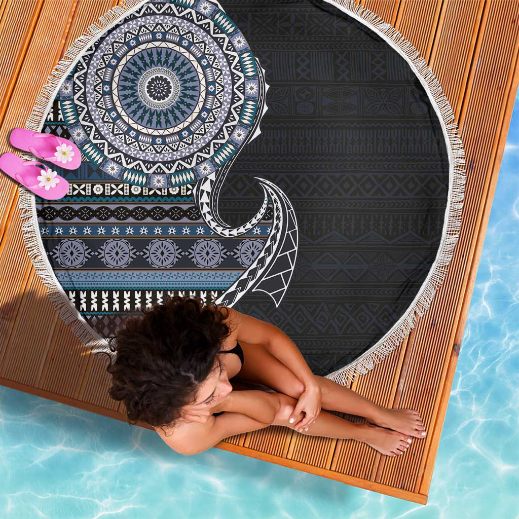 Fijian Masi Tribal Tattoos Art Pattern Beach Blanket Navy Color Half Style - Polynesian Pride