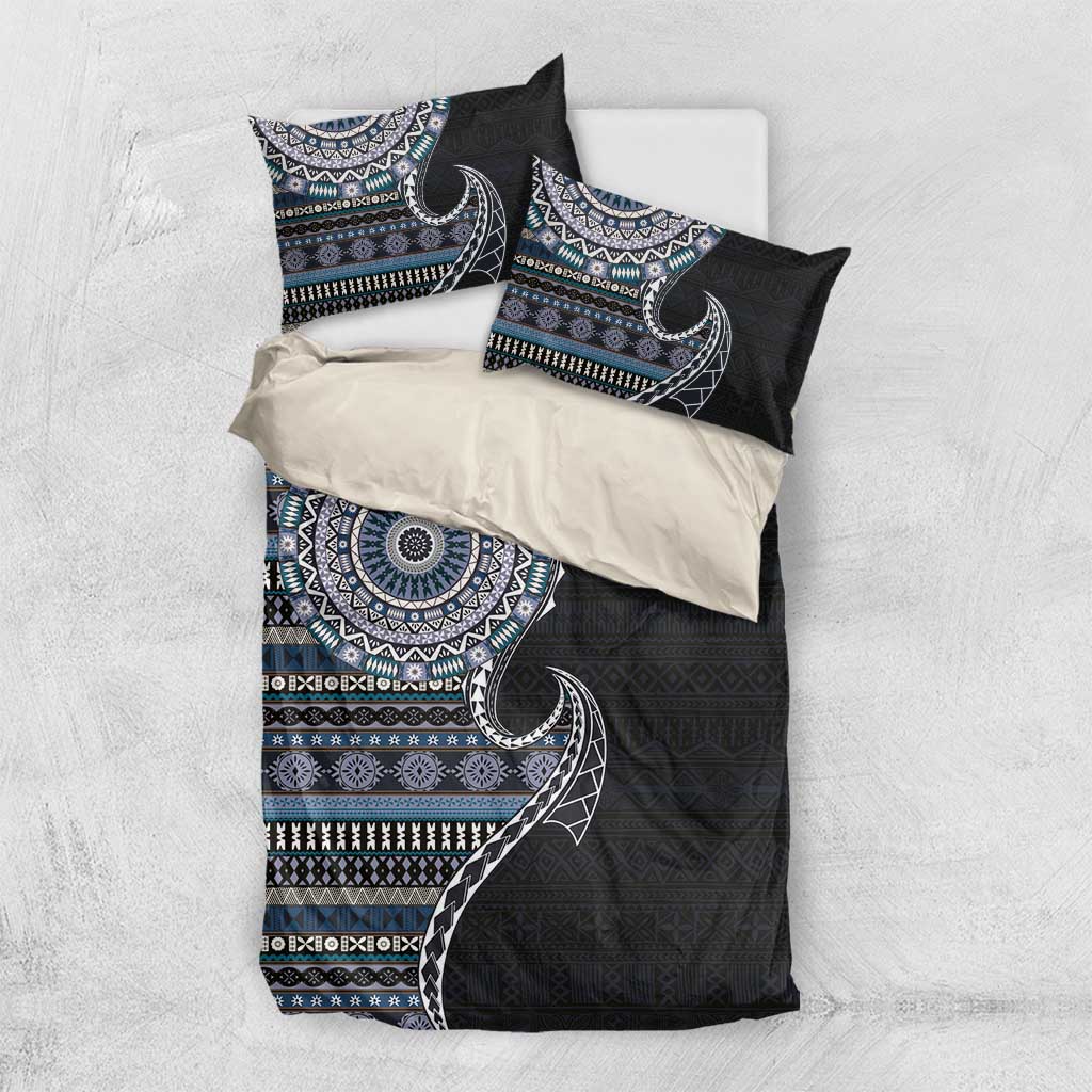 Fijian Masi Tribal Tattoos Art Pattern Bedding Set Navy Color Half Style - Polynesian Pride