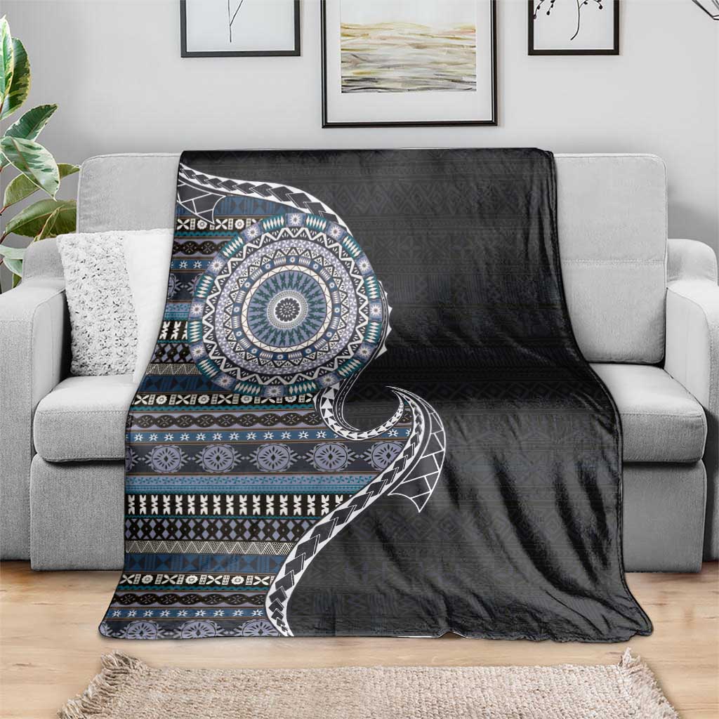 Fijian Masi Tribal Tattoos Art Pattern Blanket Navy Color Half Style - Polynesian Pride