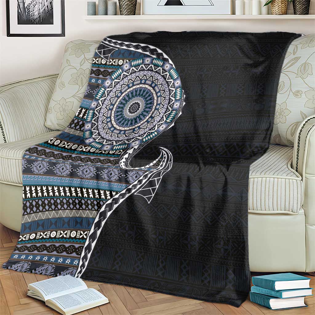 Fijian Masi Tribal Tattoos Art Pattern Blanket Navy Color Half Style - Polynesian Pride
