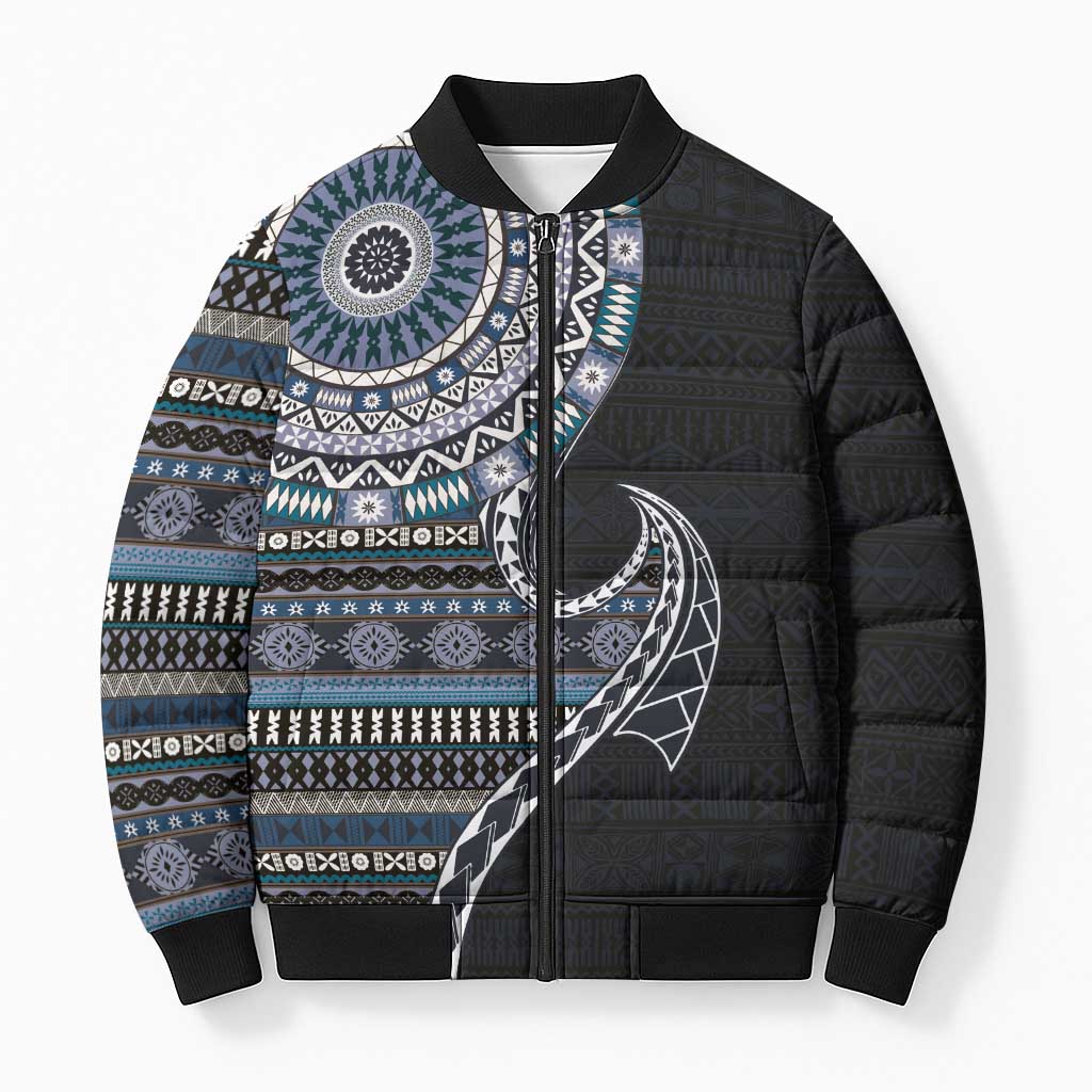Fijian Masi Tribal Tattoos Art Pattern Bomber Puffer Jacket Navy Color Half Style LT03 Navy - Polynesian Pride