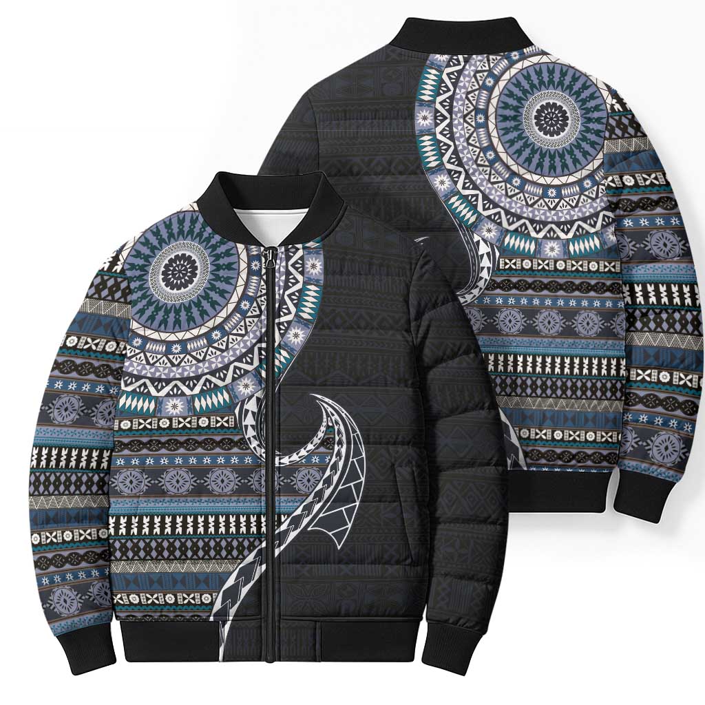 Fijian Masi Tribal Tattoos Art Pattern Bomber Puffer Jacket Navy Color Half Style LT03 - Polynesian Pride