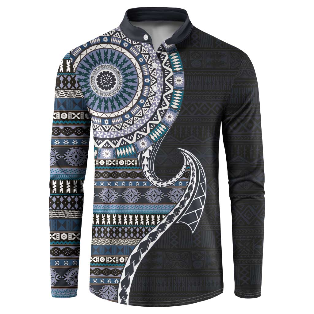 Fijian Masi Tribal Tattoos Art Pattern Button Sweatshirt Navy Color Half Style LT03 Navy - Polynesian Pride